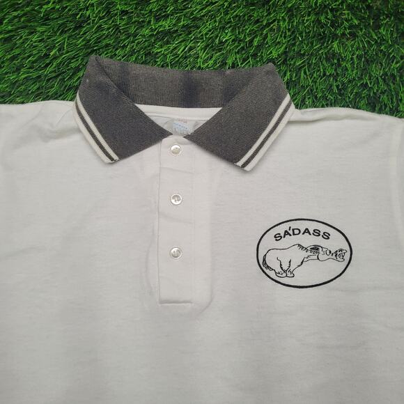 VTG 90s S'ADASS Donkey Pun Polo Shirt Mens Large White Grey Ringer Cuff - Picture 2 of 7